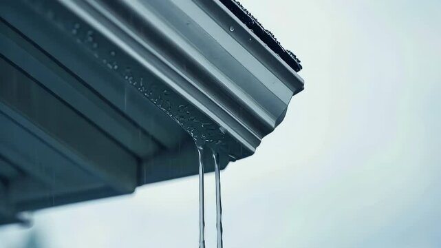 Falling Rain flow on the roof. Overflowing gutter system with water pouring out in abundance. Residential House Roof architecture Functionality and effectively. Drainage. Home architectural.
