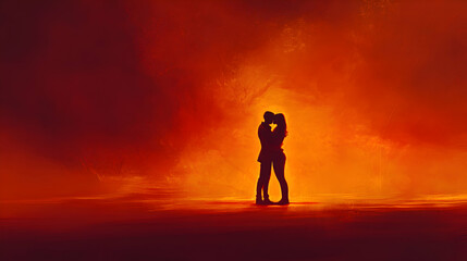 A Valentines Day scene of a couple holding each other in a warm reddish ambiance