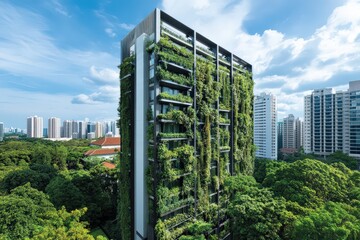 A vertical garden-covered high-rise building in an urban area, with lush greenery cascading down the facade.