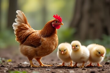Fototapeta premium Curious Chicken Family Exploring Their Pastoral Habitat