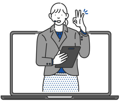 고객 만족을 위한 온라인 여성 상담원의 스마트한 비즈니스 커뮤니케이션 지원 제스쳐 일러스트