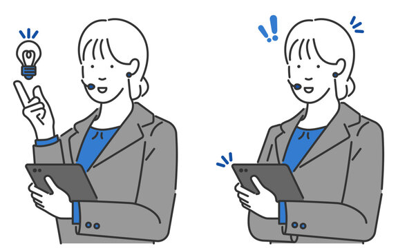 고객 만족을 위한 온라인 여성 상담원의 스마트한 비즈니스 커뮤니케이션 지원 제스쳐 일러스트