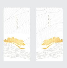 Hand drawn wave gold texture vector with bonsai tree elements collection. Chinese cloud decorations in vintage style. Art abstract banner design.