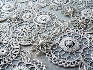White Silver Lace Overlapping Gray Background High Depth of Field
