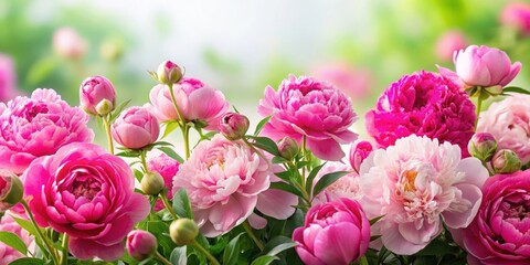 Obraz premium Vibrant pink peonies and roses in a lush garden against a soft white background, floral, pink flowers, floral,pink flowers