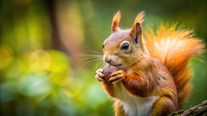 closeup of red squirrel with a nut in its mouth on a blurred forest background with trees and foliage, leafy greens, red squirrels