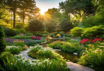 Obraz premium stunning modern landscape designs highlighting vibrant green spaces lush idyllic creative outdoor features, architecture, backdrop, beauty, biodiversity