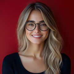 Obraz premium Happy smile businesswoman wearing glasses Blonde hair successful hispanic young business woman smiling confident at camera. Latin middle age female ceo leader on red background businesswoman