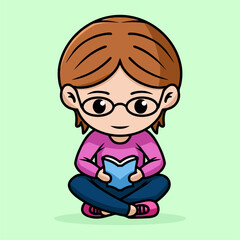 Bookworm chibi character reading a book, sitting cross legged