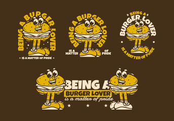 Burger lover mascot character with leg illustration in retro colors