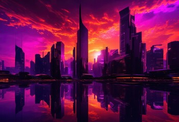 Naklejka premium stunning city silhouettes towering breathtaking sunset skies vibrant colors dramatic lighting, skyline, sky, clouds, orange, purple, pink, horizon
