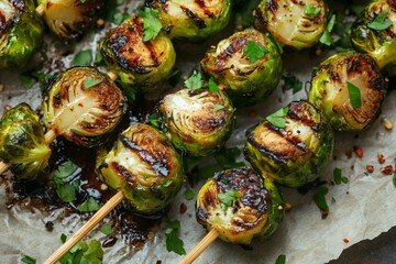 Grilled brussels sprouts skewers with fresh herbs