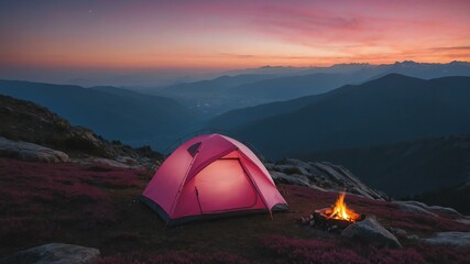 aesthetic pink camping tent on a mountain summit with bonfire background