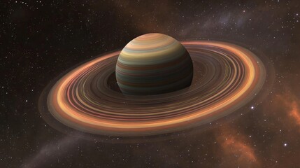Naklejka premium Vibrant Planet with Colorful Rings Surrounded by Nebula Clouds and Stars in Space