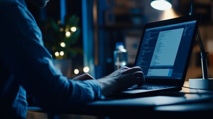 Person working on a laptop late at night with code on the screen in a dark room