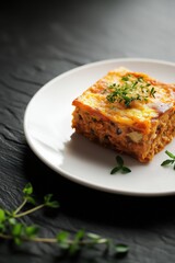 A minimalist presentation of a slice of bobotie on a white plate, garnished with fresh herbs, set against a dark textured background