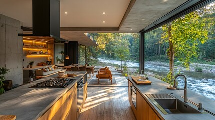 Modern open concept kitchen overlooking serene river