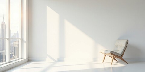 Sunlight streams through a large window illuminating a minimalist room with a single upholstered chair