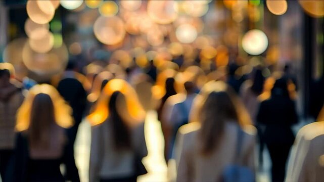 A crowd walking in a big city with a zoomed in focus on people. The blurred background and bokeh enhance the urban energy and busy atmosphere