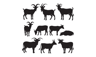 Farm Animal Silhouette Icons - Black Vector Illustrations of Goats and Cows in Various Poses