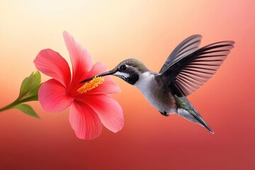 Naklejka premium Hummingbird Feeding from Vibrant Red Hibiscus Flower