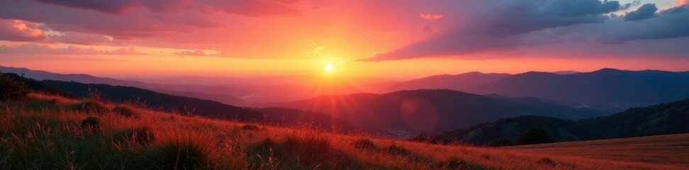 Serene landscape at sunset with hills fading into sky, nature, field, twilight