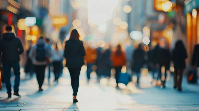 A busy street with many walking people, one person in sharp focus. The rest of the blurred crowd and bokeh effect highlight the focused individual