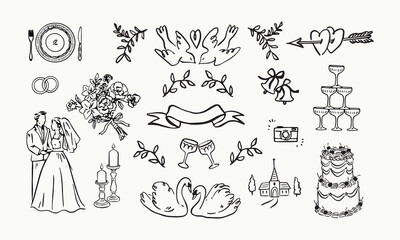 Various whimsical wedding elements. Hand drawn vector illustration. All elements are isolated.
