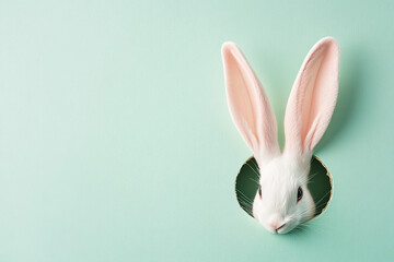 Obraz premium Easter bunny ears peeking out of a hole, Turquoise background
