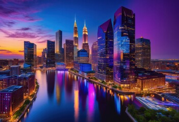 Fototapeta premium vibrant city skyline twilight showcasing bright colorful lights glimmering darkening sky, aerial, cityscape, illumination, urban, modern, skyscraper