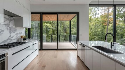 Fototapeta premium Modern kitchen overlooking serene forest view