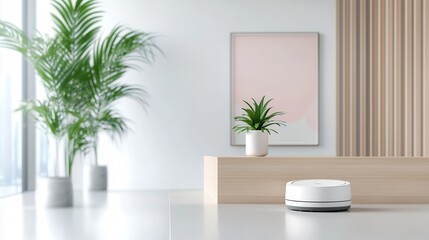 Robotics offices blend automation with innovative design. Modern interior with a robotic vacuum and greenery in a minimalist setting.