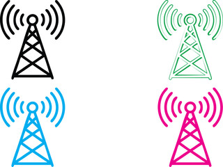 Radio tower icons, simple geometric design, broadcast signals, wireless communication symbols, clean line art, minimalist illustrations, vibrant colors, black green blue pink variations, technology pi