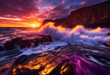 Fototapeta premium luminous ocean waves vividly crashing rugged rocky shores creating stunning natural beauty, aerial, aquatic, beach, blue, coastline, current, depth