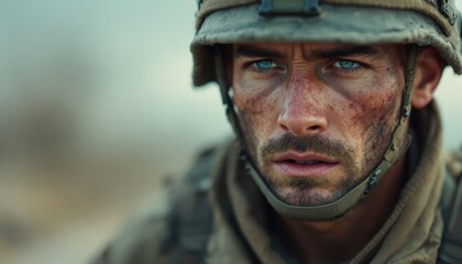 Obraz premium Battle-ready young caucasian male soldier with intense gaze in combat gear