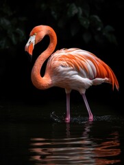 Fototapeta premium Flamingo in Dark Water: A Stunning Portrait