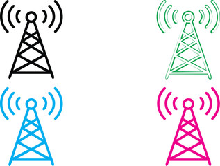 Radio tower icons, simple geometric design, broadcast signals, wireless communication symbols, clean line art, minimalist illustrations, vibrant colors, black green blue pink variations, technology pi