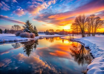 Fototapeta premium Winter Pond Sunset Reflection - Serene Landscape Scene