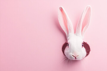 Fototapeta premium Easter bunny ears peeking out of a hole, pink background