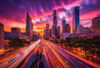 Fototapeta premium vibrant cityscape dynamic urban skyline featuring captivating clouds colorful evening atmosphere, architecture, buildings, contemporary, creatives, design