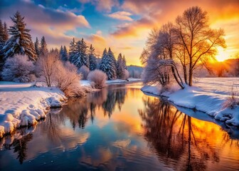 Naklejka premium Winter River Sunset Reflection Snowy Trees AI Photography