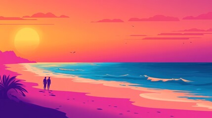 Sunset Romance: A Couple's Beach Stroll at Dusk