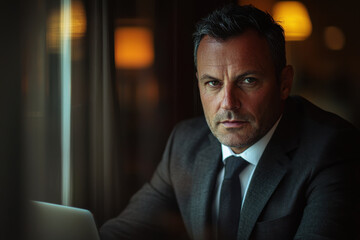 Fototapeta premium Sophisticated man in suit gazes thoughtfully by window at cozy cafe
