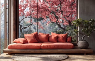 Cozy modern spring interior of a bright studio living room with a sofa and cherry blossom branches in chalet with cherry blossom trees outside the window