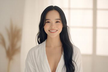 Obraz premium Portrait of a Smiling Young Asian Woman with Wavy Brown Hair Against a Minimal Pastel Background, Radiating Joy and Positive Energy