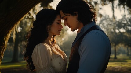 Fototapeta premium A tender moment captured in golden hour light, a couple embraces under the shade of a sprawling oak tree, their faces softly illuminated, creating a romantic atmosphere.