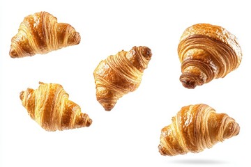 Five croissants levitate, white background, bakery, food photography