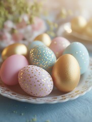 Obraz premium Decorated eggs on plate in festive colors for spring celebration.