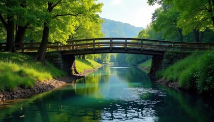 tranquil river flowing beneath a sturdy wooden bridge, landscape, tranquility