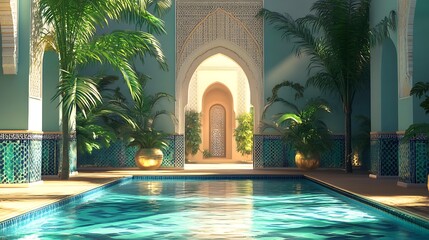 Luxurious swimming pool in moroccan riad with palm trees and turquoise tiles